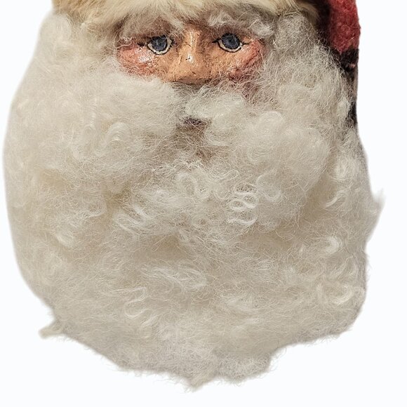 Vtg 7" Paper Mache Santa Face Ornament Wool Beard Rabbit Fur Trim Fabric Hat - Picture 3 of 10